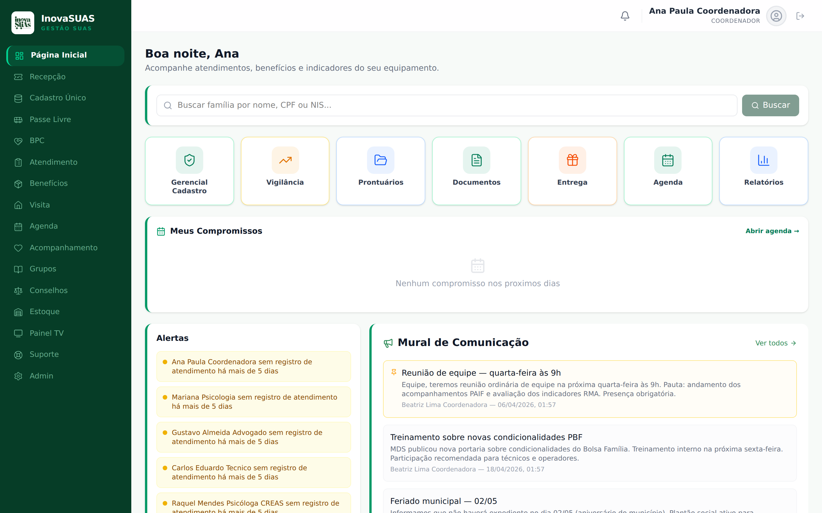 Painel do InovaSUAS — atendimentos, alertas e relatórios