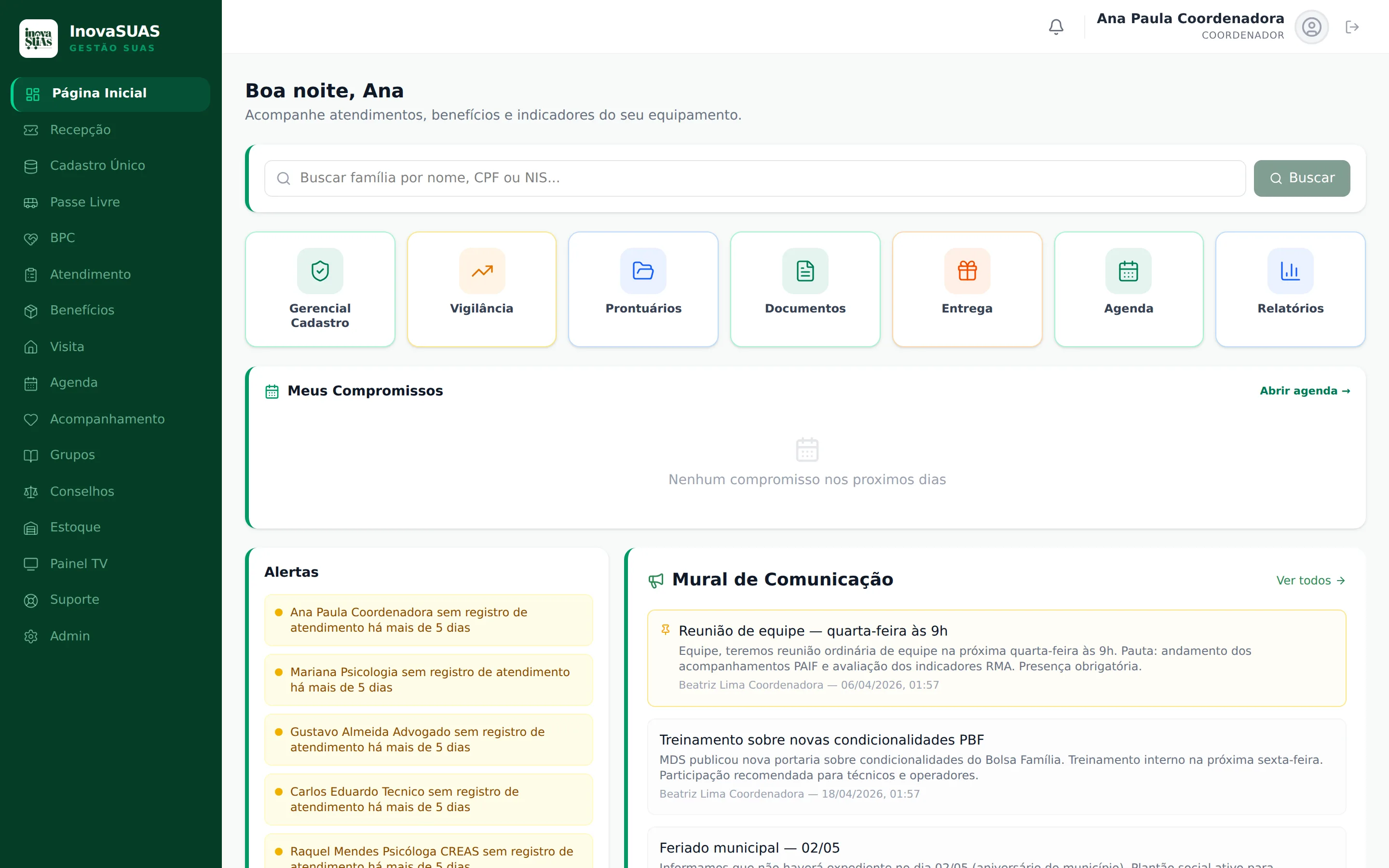 Painel do InovaSUAS — atendimentos, alertas e relatórios